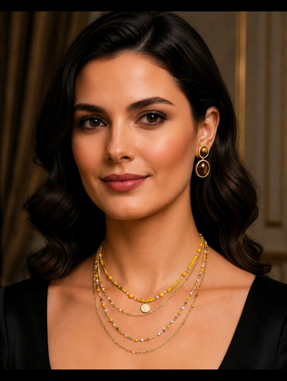 Gold Multi-Layer Necklace with Yellow Beads - Women Jewelry - Picture 3 of 4